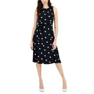 Kasper Midi A Line Dress 10 Black White Polka Dot Stretch Sleeveless Classic